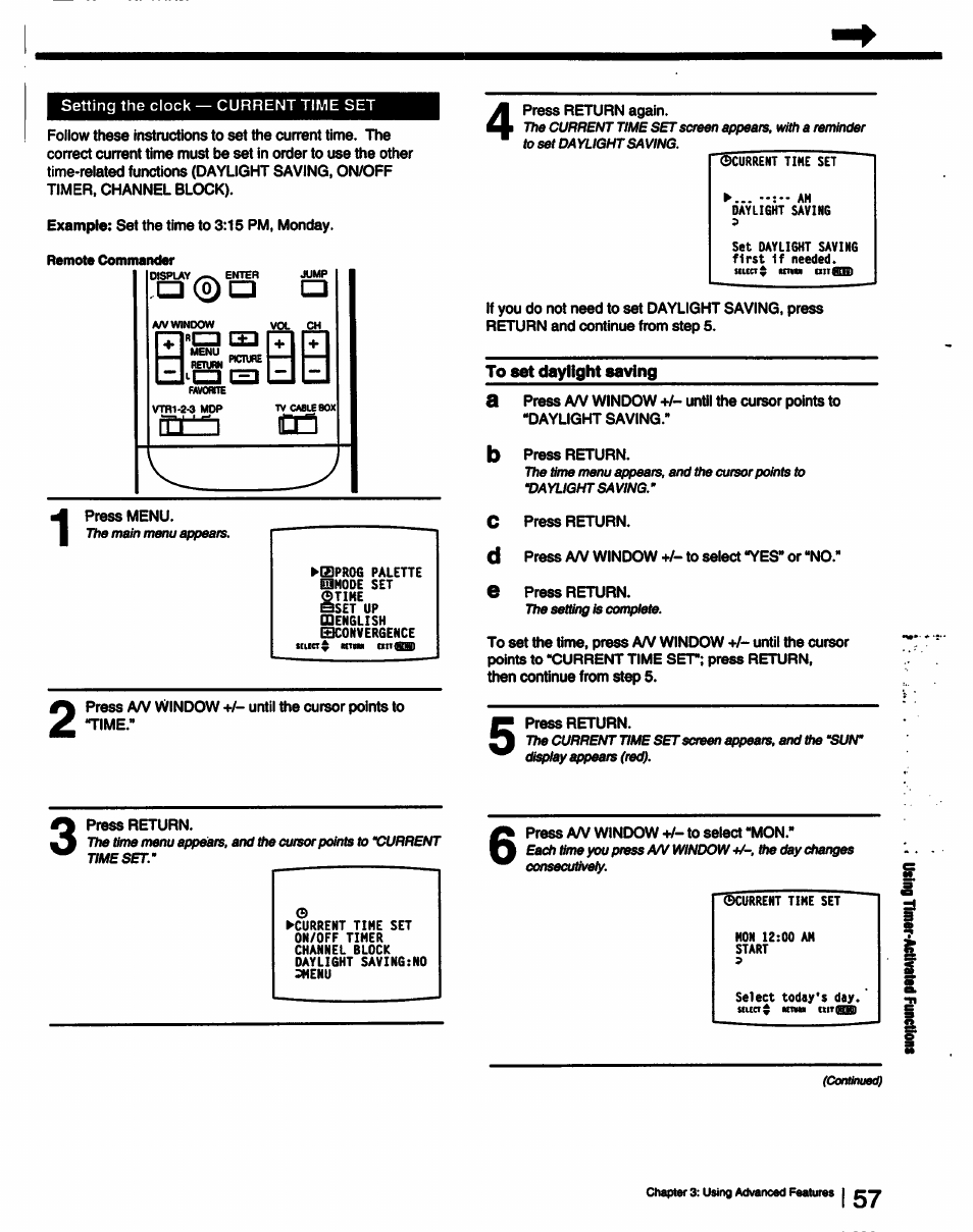 To set daylight saving, Setting daylight saving, Ab c d e | Sony KP-53V15 User Manual | Page 57 / 76