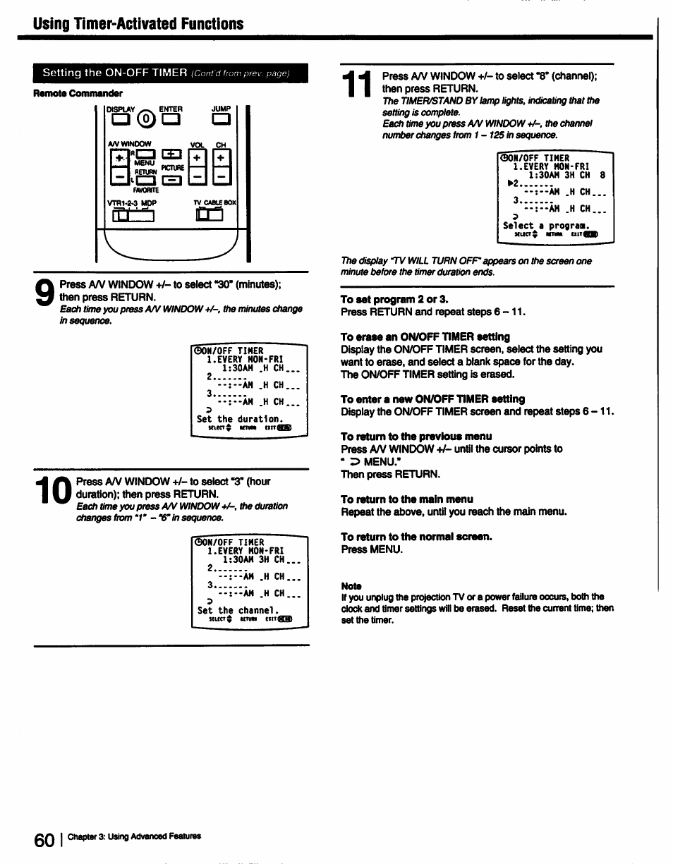 To set program 2 or 3, To erase an on/off timer setting, To enter a new on/off timer setting | To return to the previous menu, To return to the main menu, To return to the normal screen | Sony KP-53V15 User Manual | Page 60 / 76