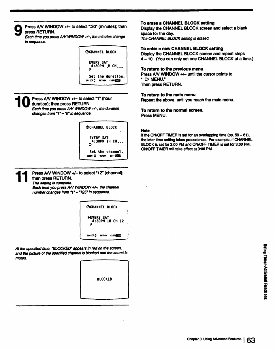 To erase a channel block setting, To enter a new channel block setting, To return to the previous menu | To return to the main menu, To return to the normal screen | Sony KP-53V15 User Manual | Page 63 / 76