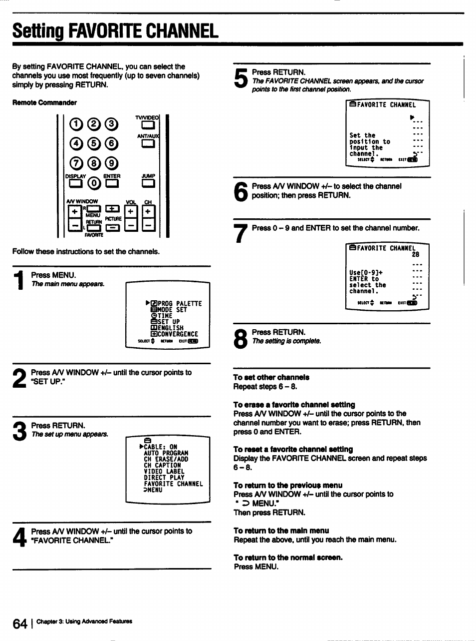 Setting favorite channel, Rjn"d3, Lj i | Sony KP-53V15 User Manual | Page 64 / 76