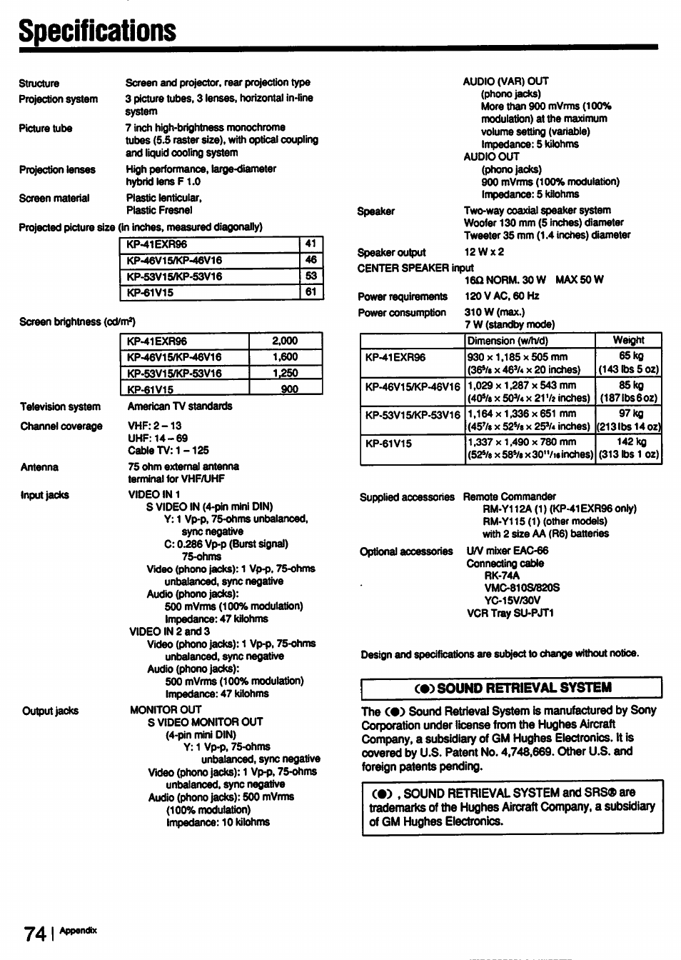 Specifications, S^em, Sound retrieval system | Sony KP-53V15 User Manual | Page 74 / 76