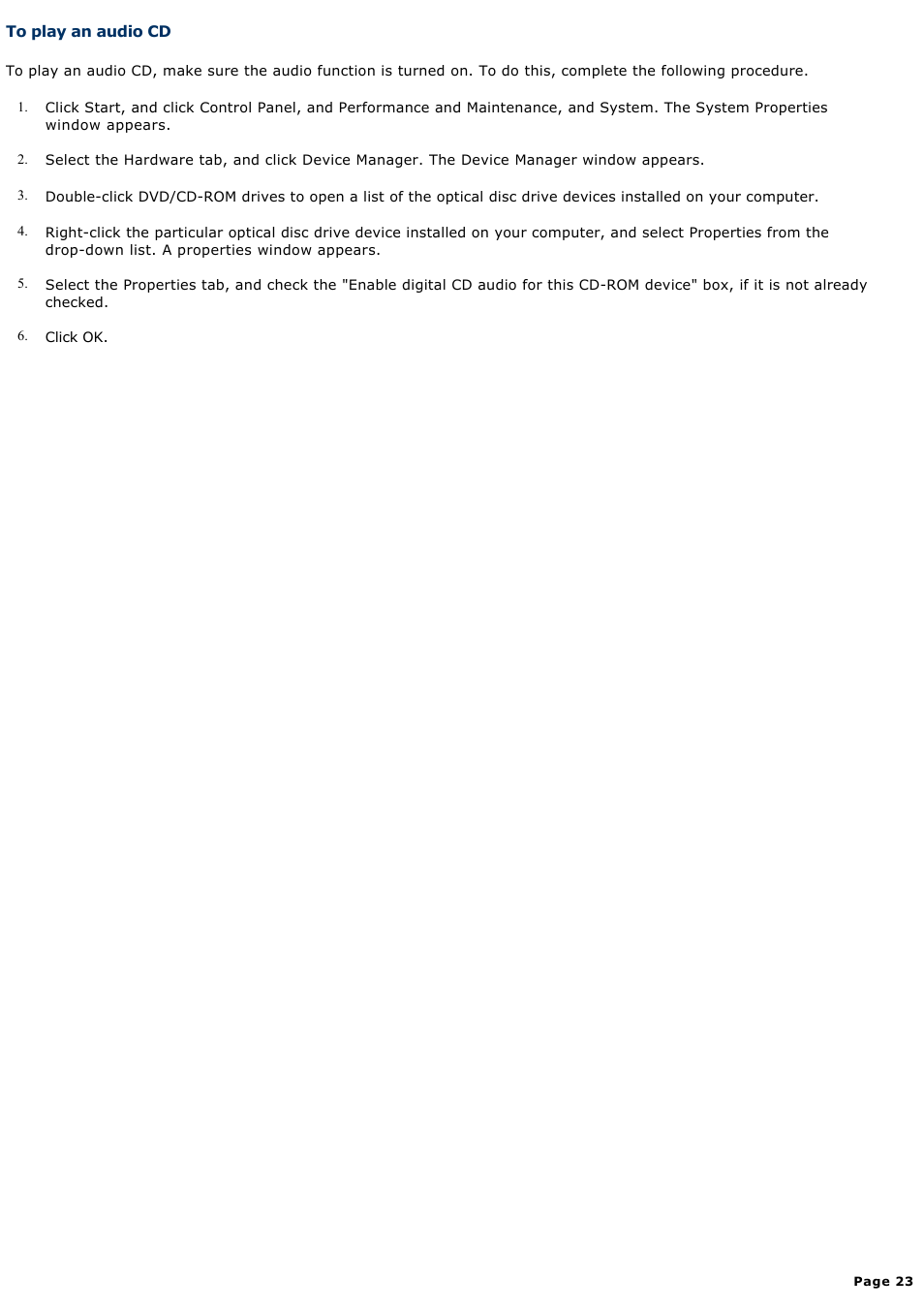 To play an audio cd | Sony PCG-NV100P User Manual | Page 23 / 188