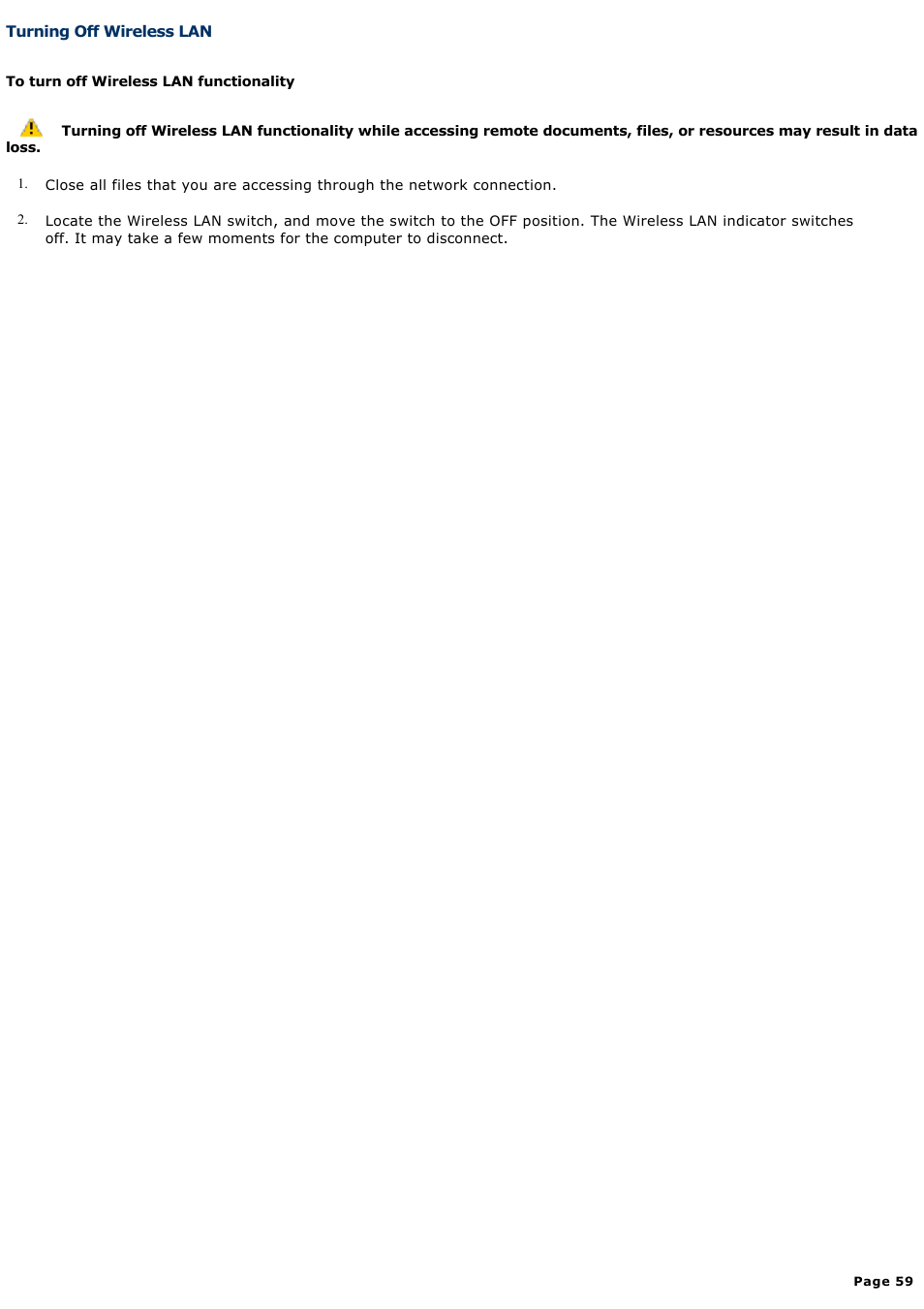 Turning off wireless lan | Sony PCG-NV100P User Manual | Page 59 / 188