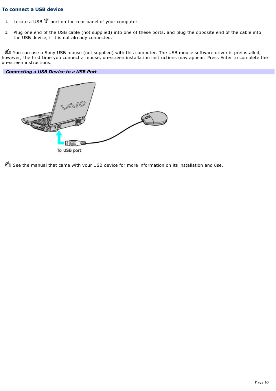 To connect a usb device | Sony PCG-NV100P User Manual | Page 63 / 188