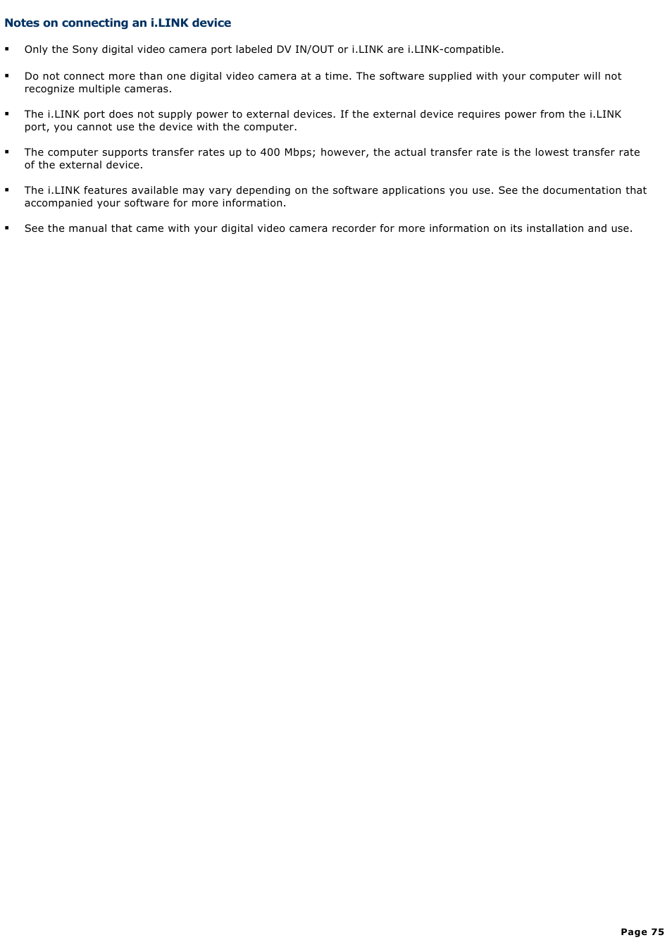 Notes on connecting an i.link device | Sony PCG-NV100P User Manual | Page 75 / 188