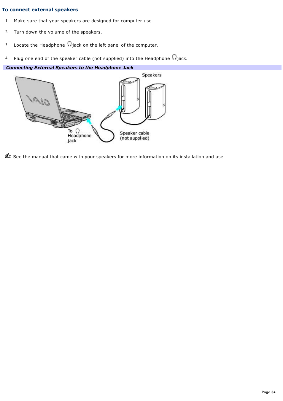To connect external speakers | Sony PCG-NV100P User Manual | Page 84 / 188