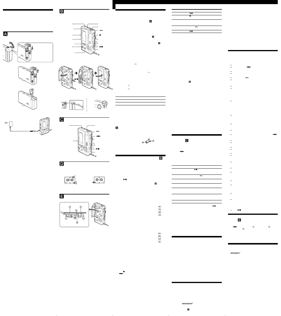 Fuentes de alimentación, Grabación (consulte la figura b - (a)), Reproducción de cintas (consulte la figura c ) | Grabación/reproducción con el equipo conectado, Precauciones, Solución de problemas, Mantenimiento (consulte la figura e ), Especificaciones, Acerca de este manual | Sony M-850V User Manual | Page 2 / 2