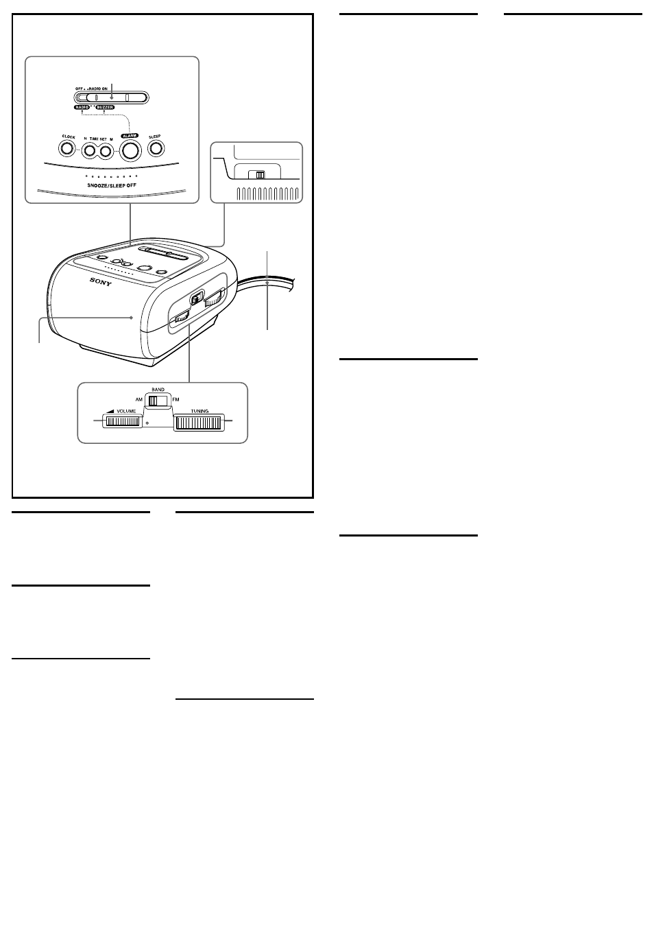 Before you begin, Features, Installing the battery | Specifications, Setting the alarm, Setting the sleep timer, Precautions, Setting the clock, Playing the radio | Sony ICF-C112 User Manual | Page 2 / 2