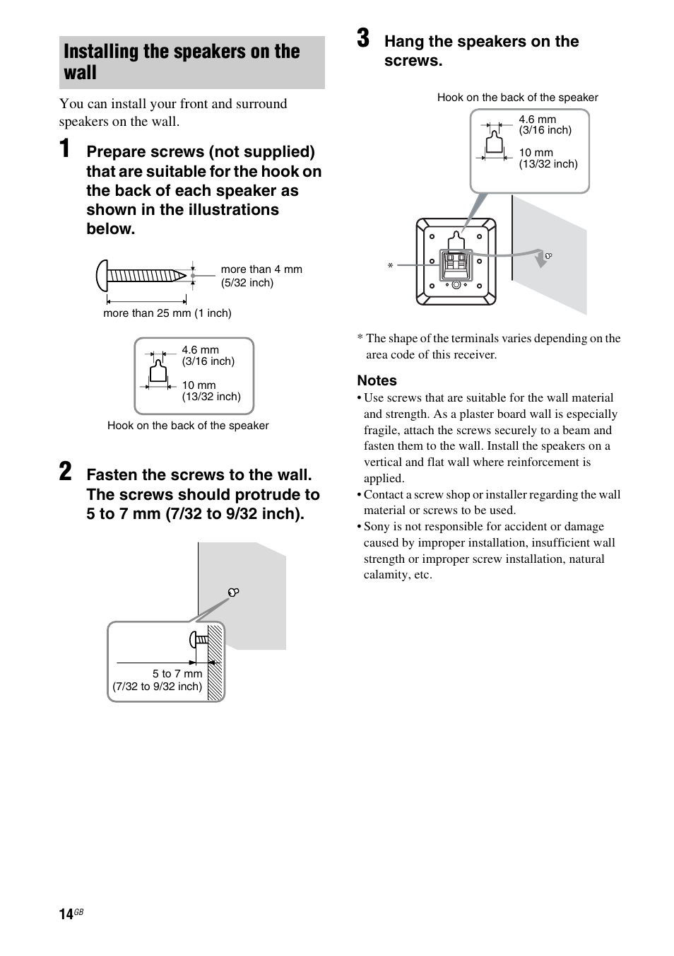 Installing the speakers on the wall | Sony HT-DDW790 User Manual | Page 14 / 64
