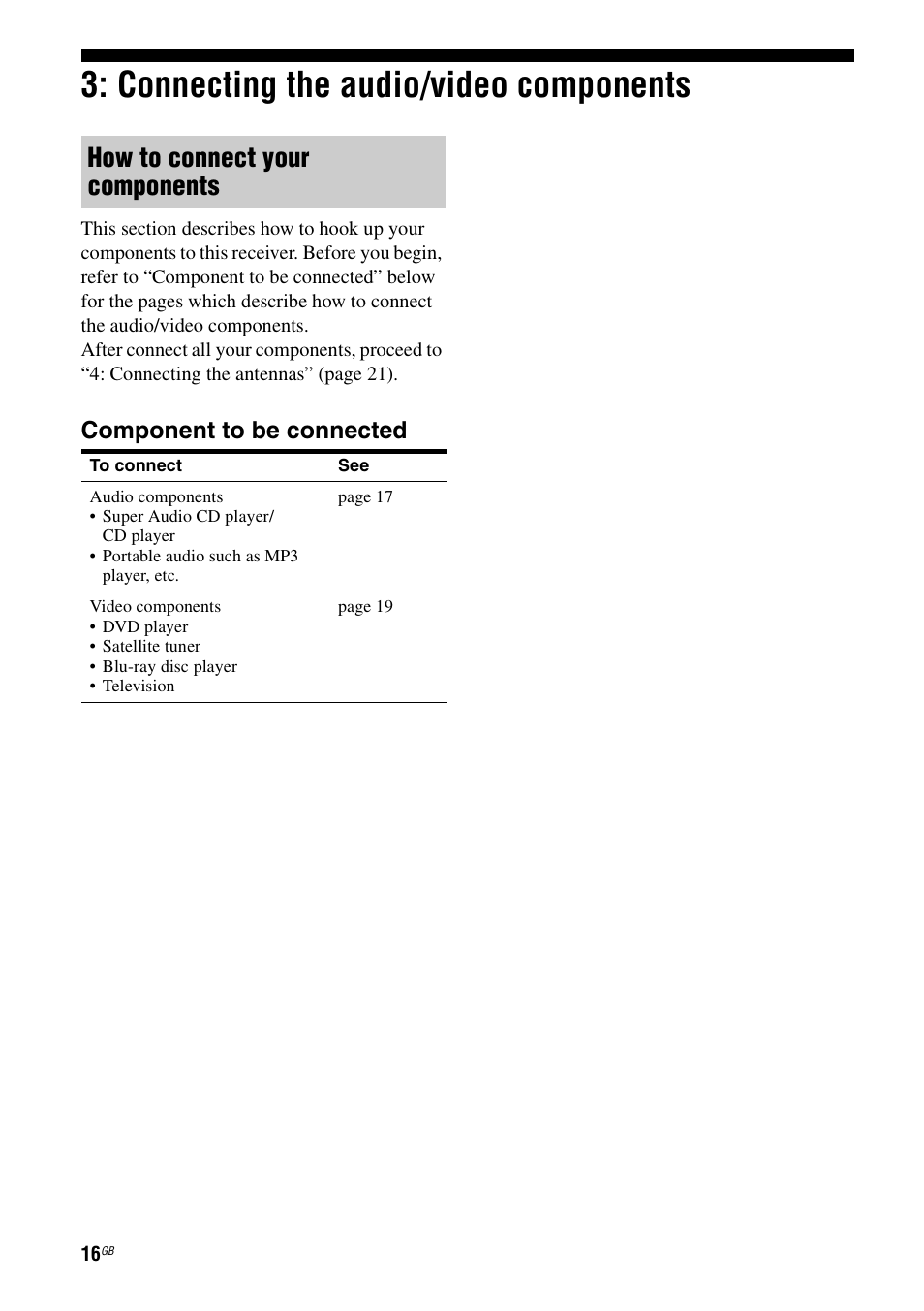 Connecting the audio/video components, Connecting the audio/video components 16, How to connect your components | Component to be connected | Sony HT-DDW790 User Manual | Page 16 / 64