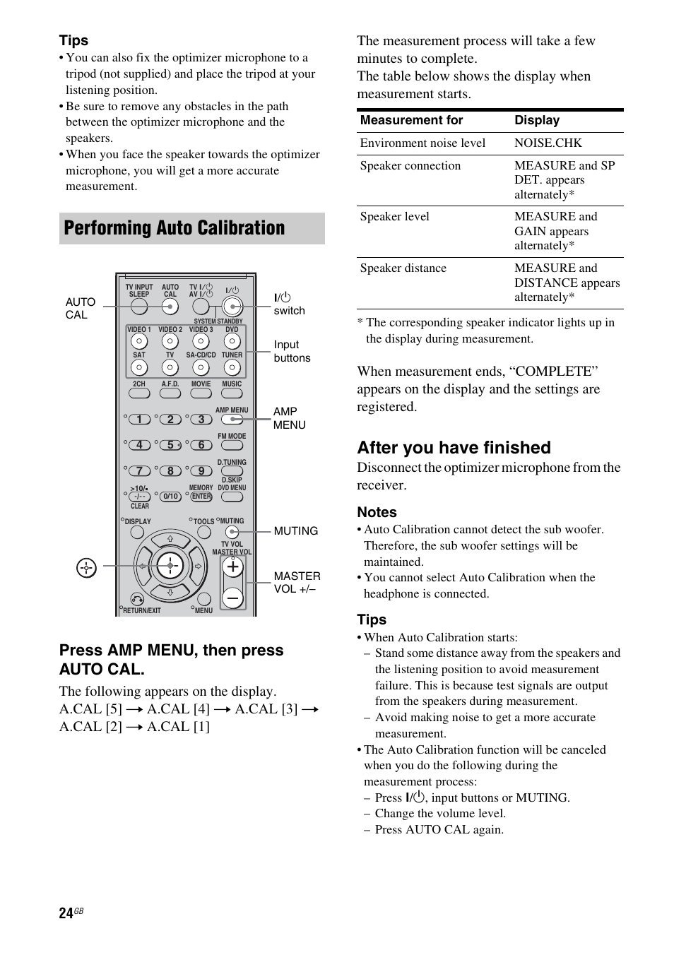 Performing auto calibration, After you have finished, Press amp menu, then press auto cal | Tips | Sony HT-DDW790 User Manual | Page 24 / 64