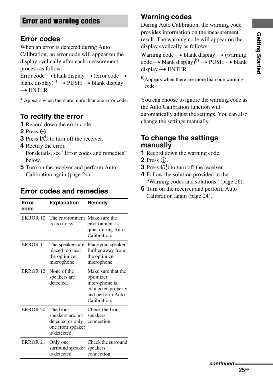 Error and warning codes, Error codes, Error codes and remedies warning codes | Sony HT-DDW790 User Manual | Page 25 / 64