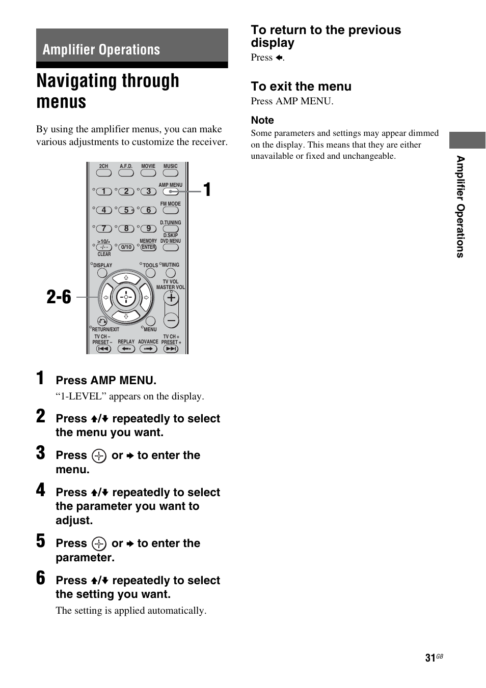 Amplifier operations, Navigating through menus, Press amp menu | Press v / v repeatedly to select the menu you want, Press or b to enter the menu, Press or b to enter the parameter | Sony HT-DDW790 User Manual | Page 31 / 64