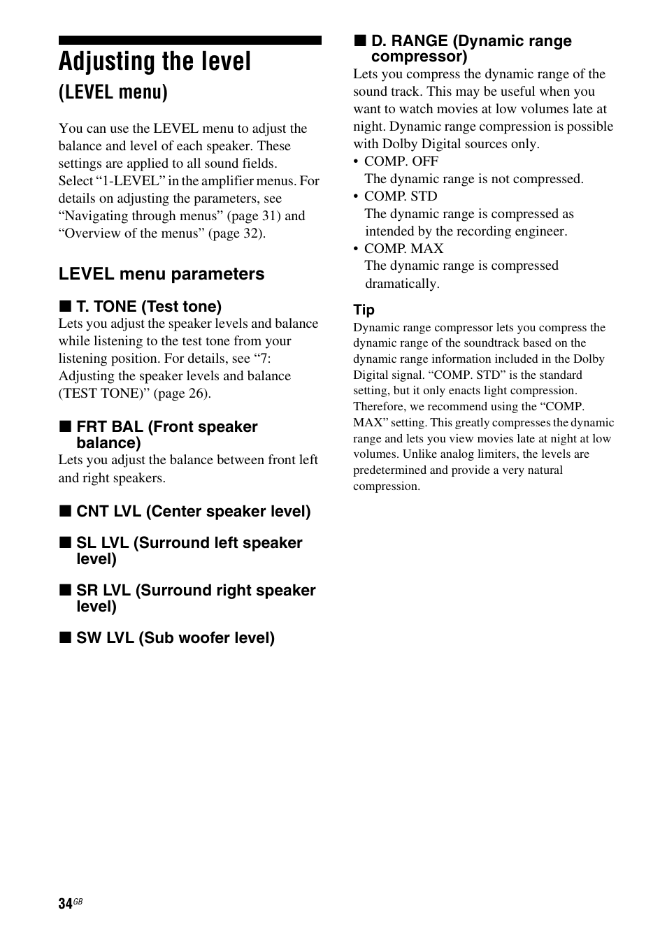 Adjusting the level (level menu), Adjusting the level, Level menu) | Sony HT-DDW790 User Manual | Page 34 / 64