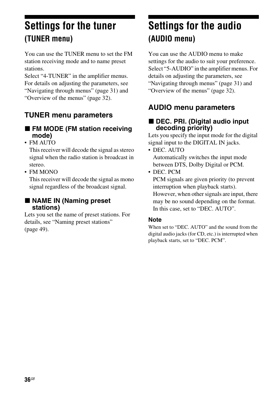 Settings for the tuner (tuner menu), Settings for the audio (audio menu), Settings for the tuner | Settings for the audio, Tuner menu), Audio menu) | Sony HT-DDW790 User Manual | Page 36 / 64