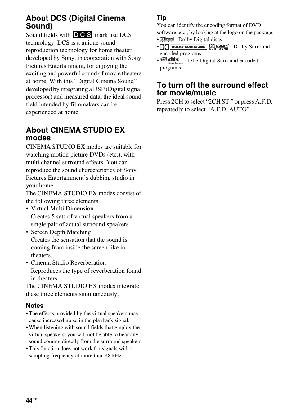 About dcs (digital cinema sound), About cinema studio ex modes | Sony HT-DDW790 User Manual | Page 44 / 64