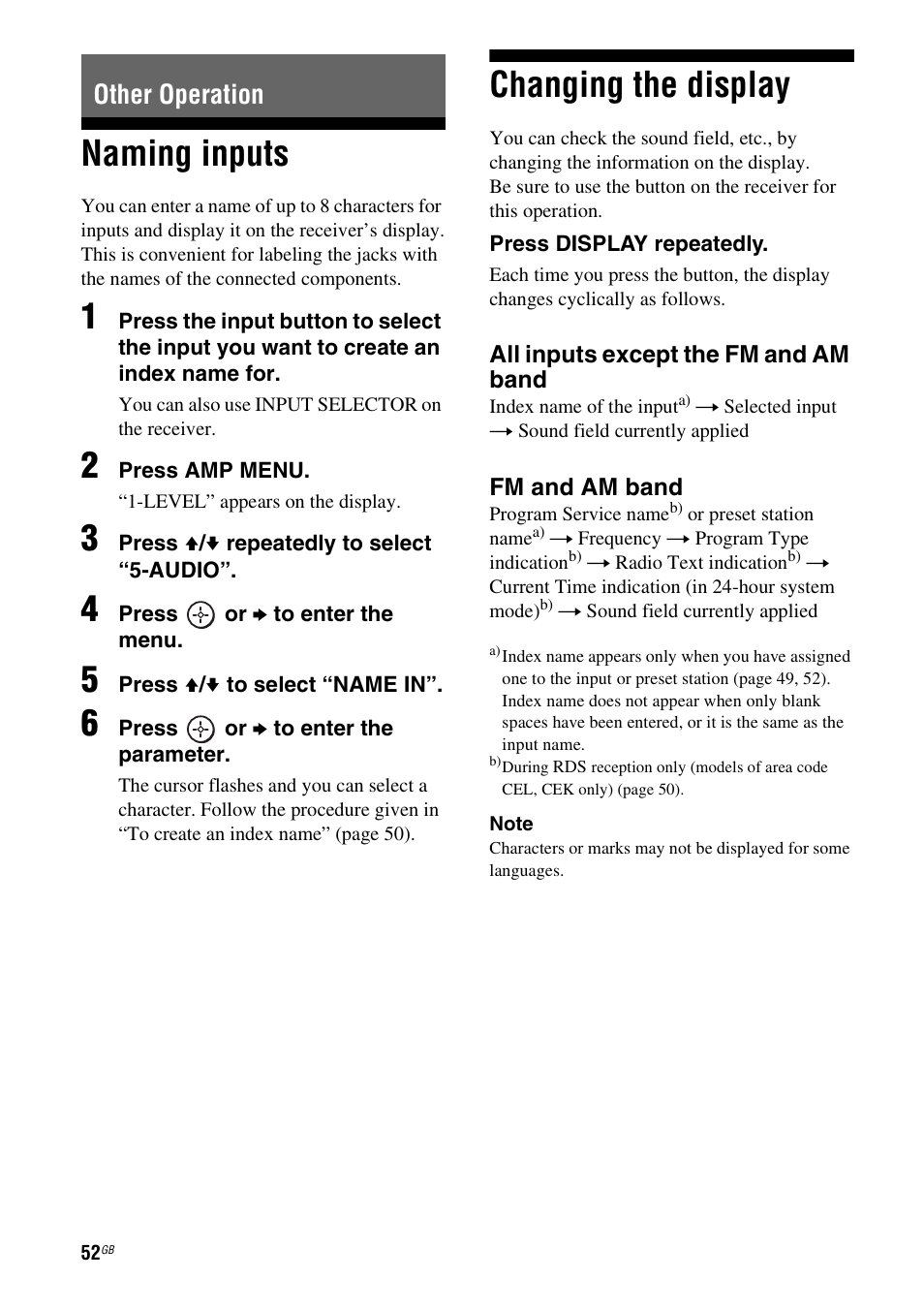 Other operation, Naming inputs, Changing the display | Naming inputs changing the display | Sony HT-DDW790 User Manual | Page 52 / 64