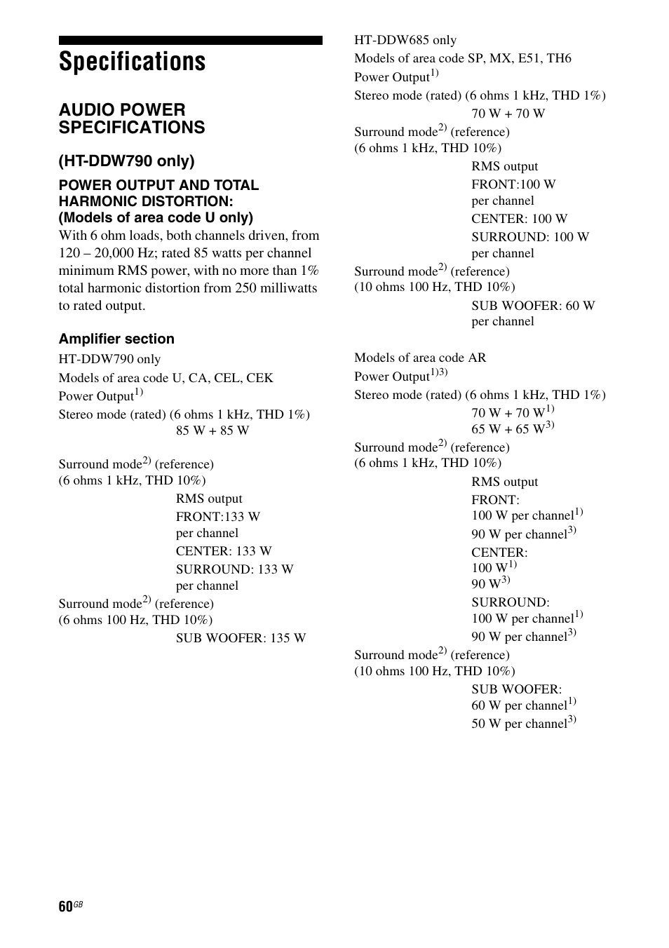 Specifications, Audio power specifications, Ht-ddw790 only) | Sony HT-DDW790 User Manual | Page 60 / 64
