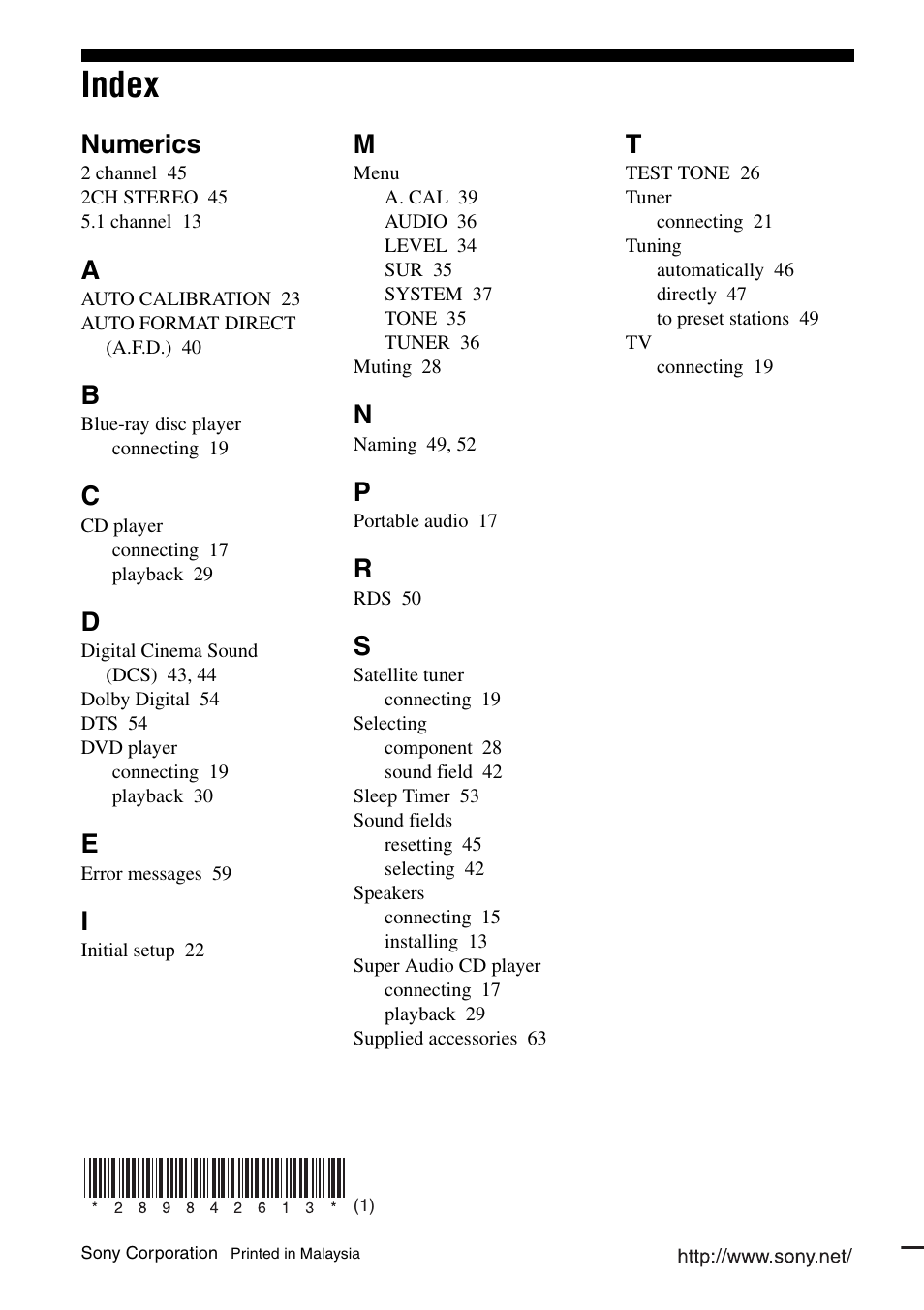 Index, Numerics | Sony HT-DDW790 User Manual | Page 64 / 64