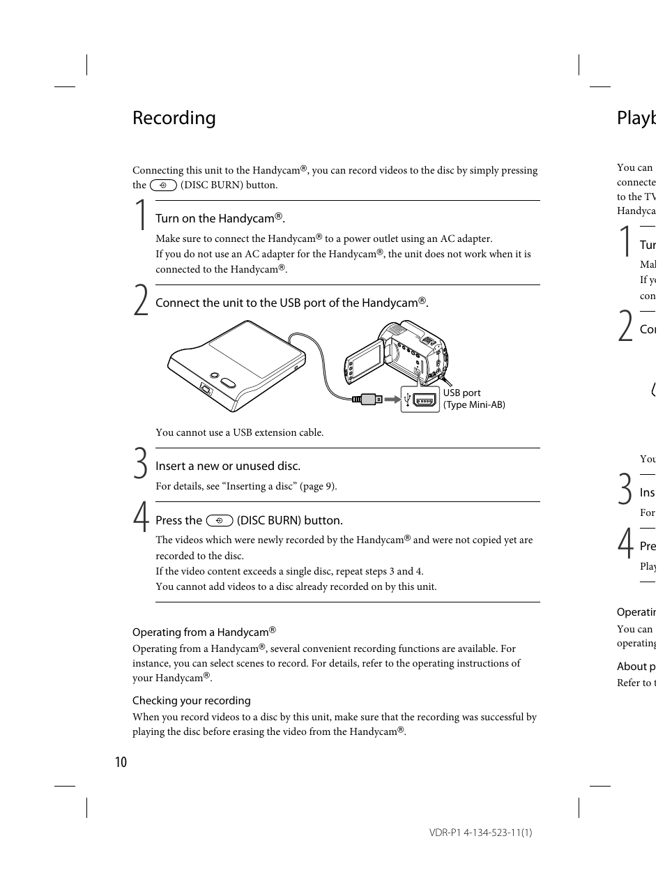 Recording, Playb | Sony VRD-P1 User Manual | Page 10 / 16