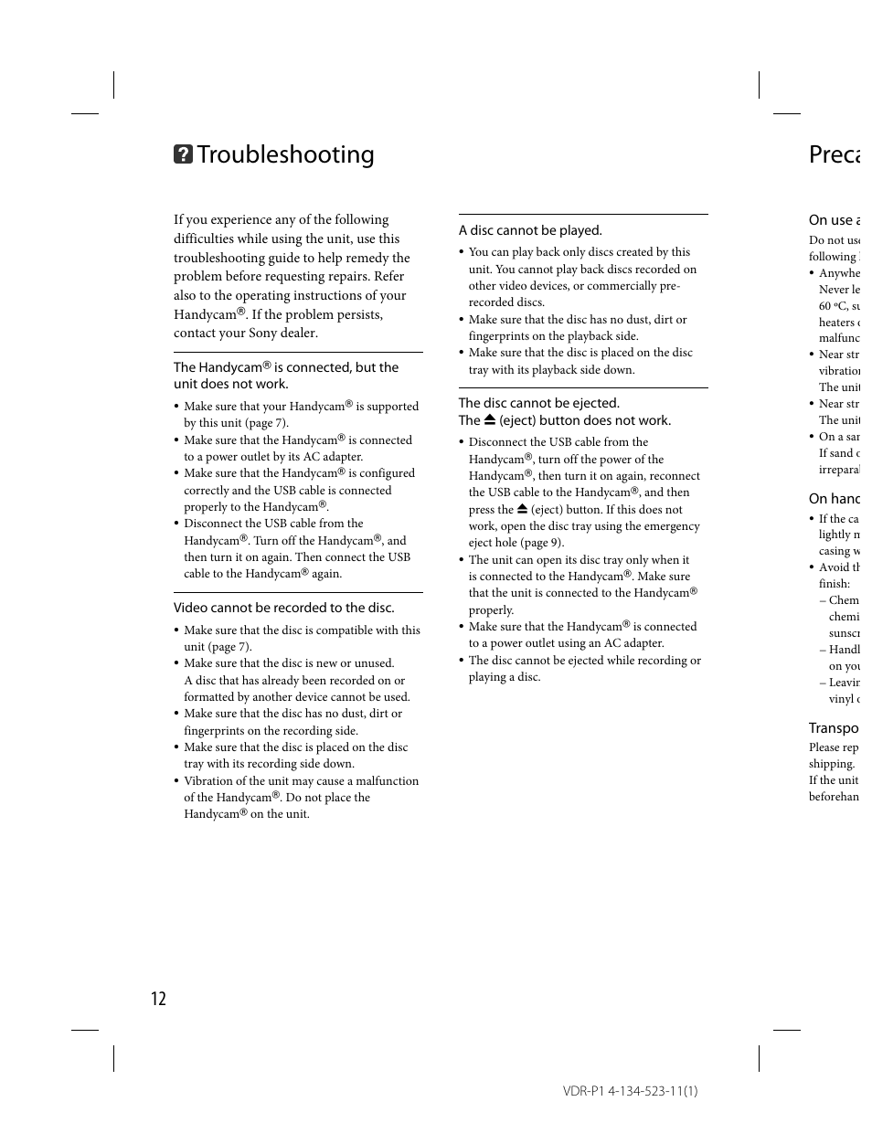 Troubleshooting, Preca, On use a | On hand, Transpo | Sony VRD-P1 User Manual | Page 12 / 16