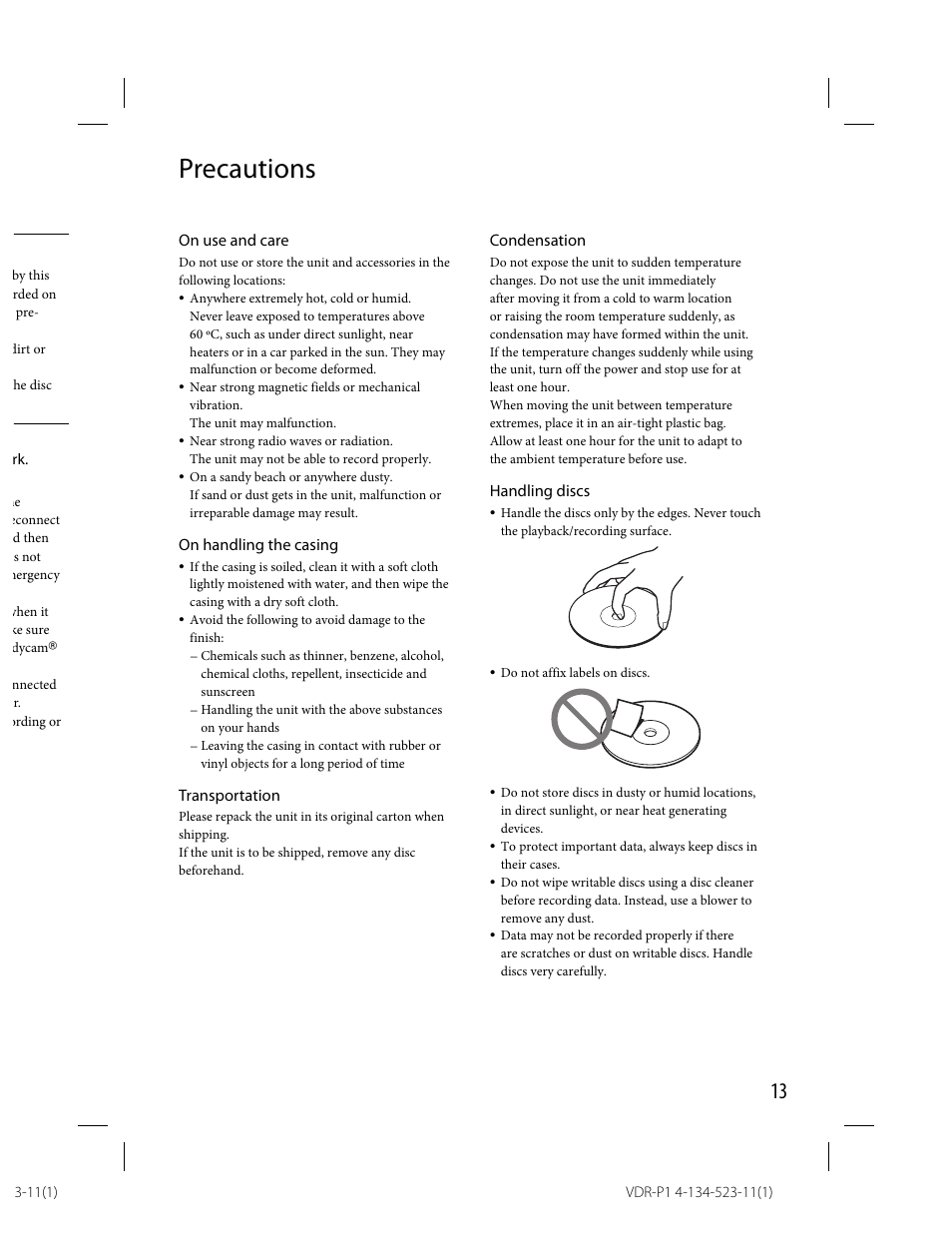 Precautions | Sony VRD-P1 User Manual | Page 13 / 16