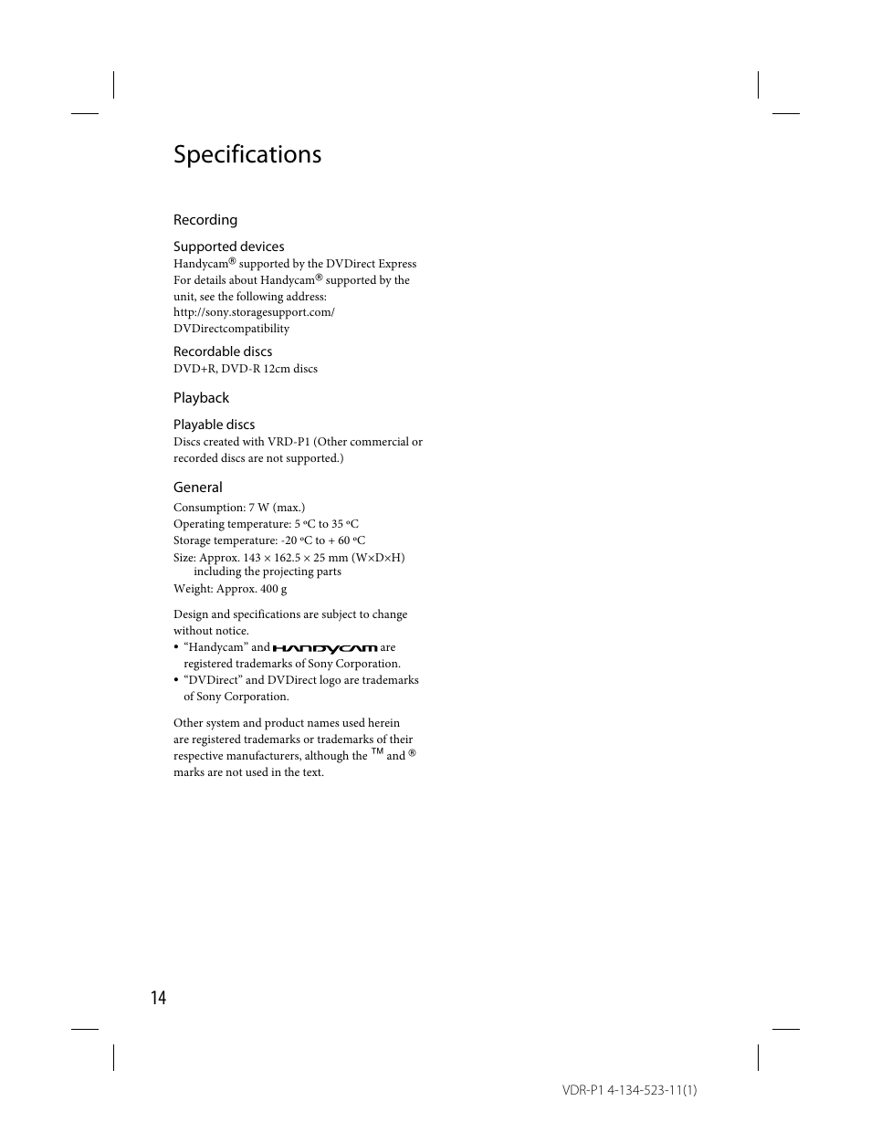 Specifications | Sony VRD-P1 User Manual | Page 14 / 16