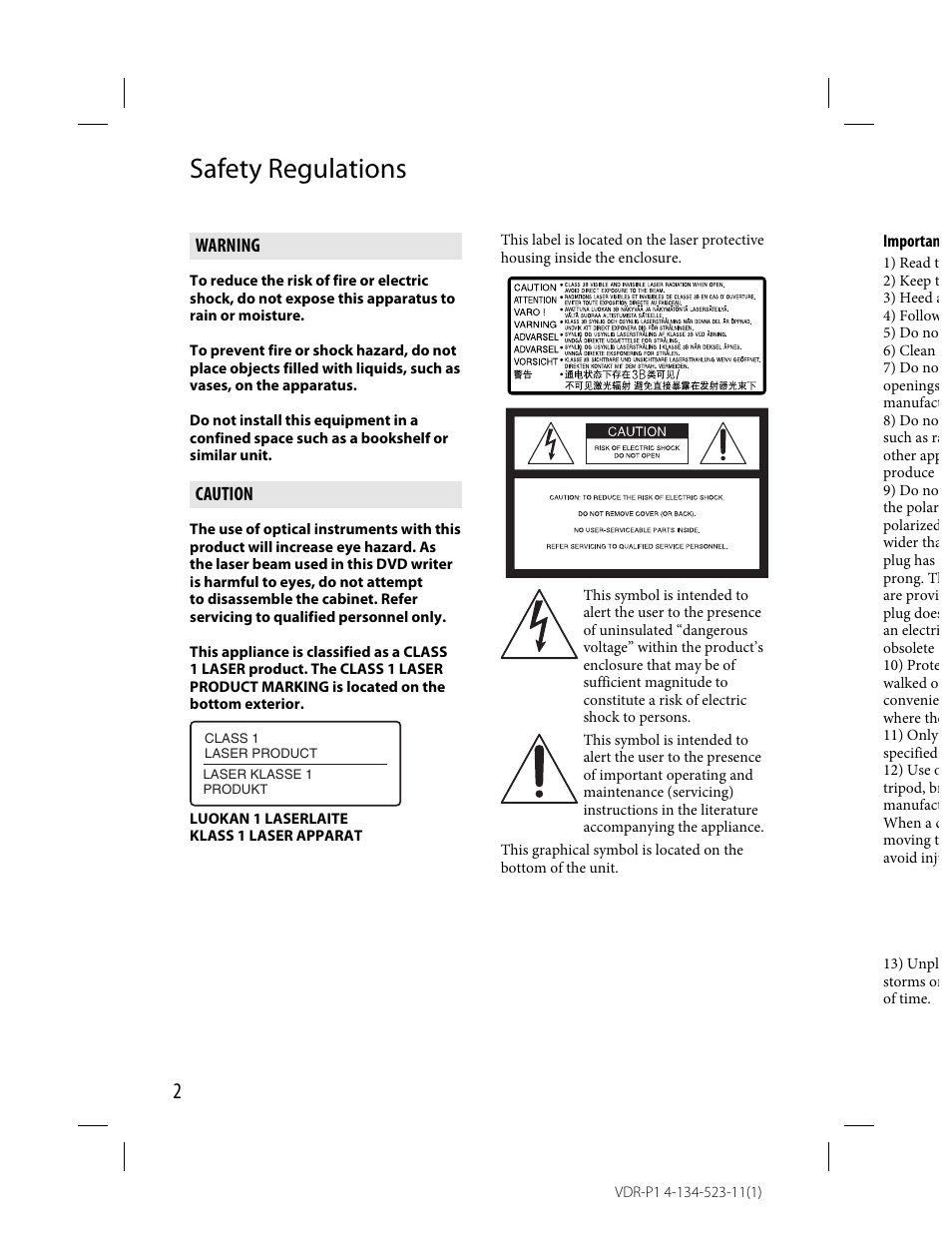 Safety regulations | Sony VRD-P1 User Manual | Page 2 / 16