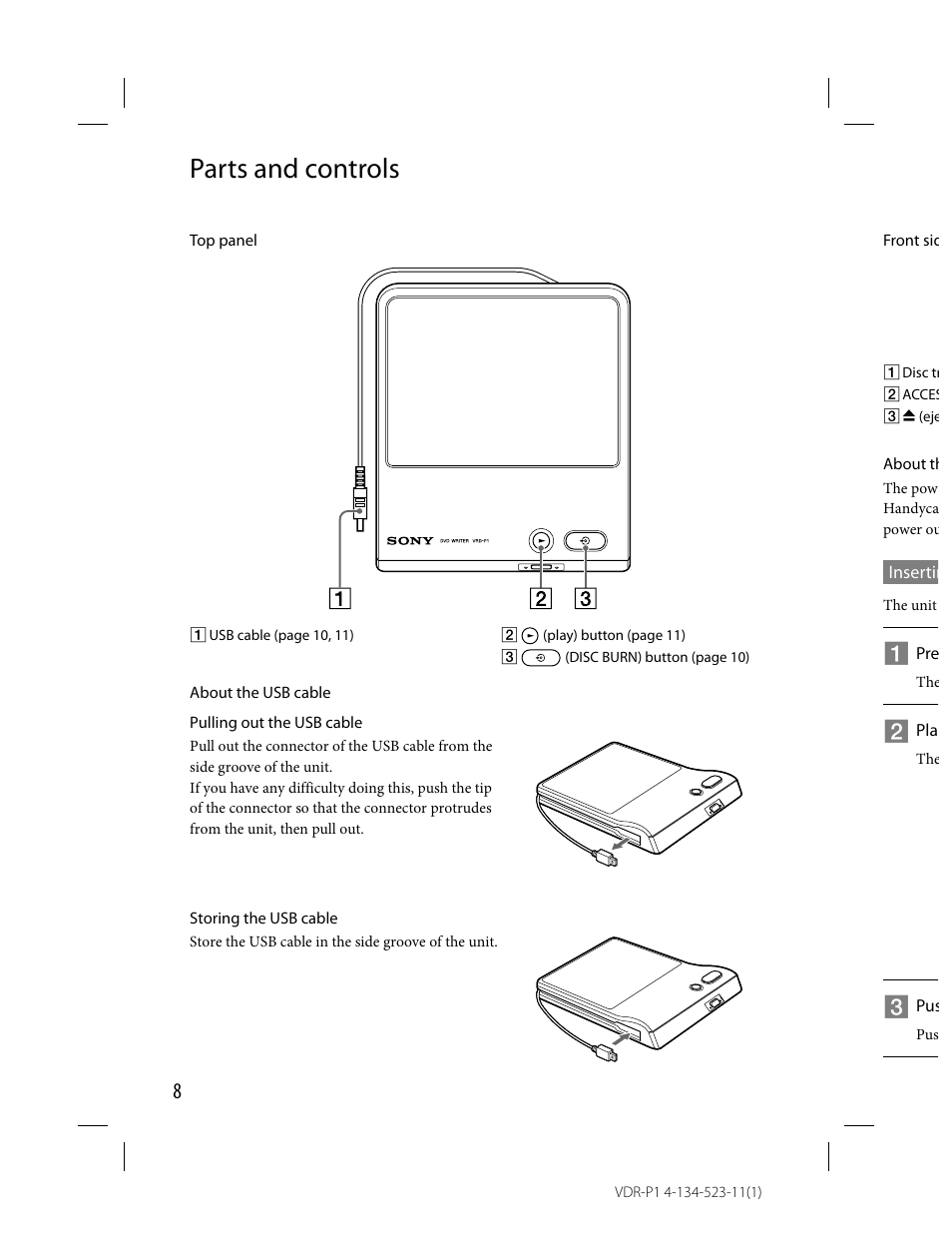 Parts and controls | Sony VRD-P1 User Manual | Page 8 / 16