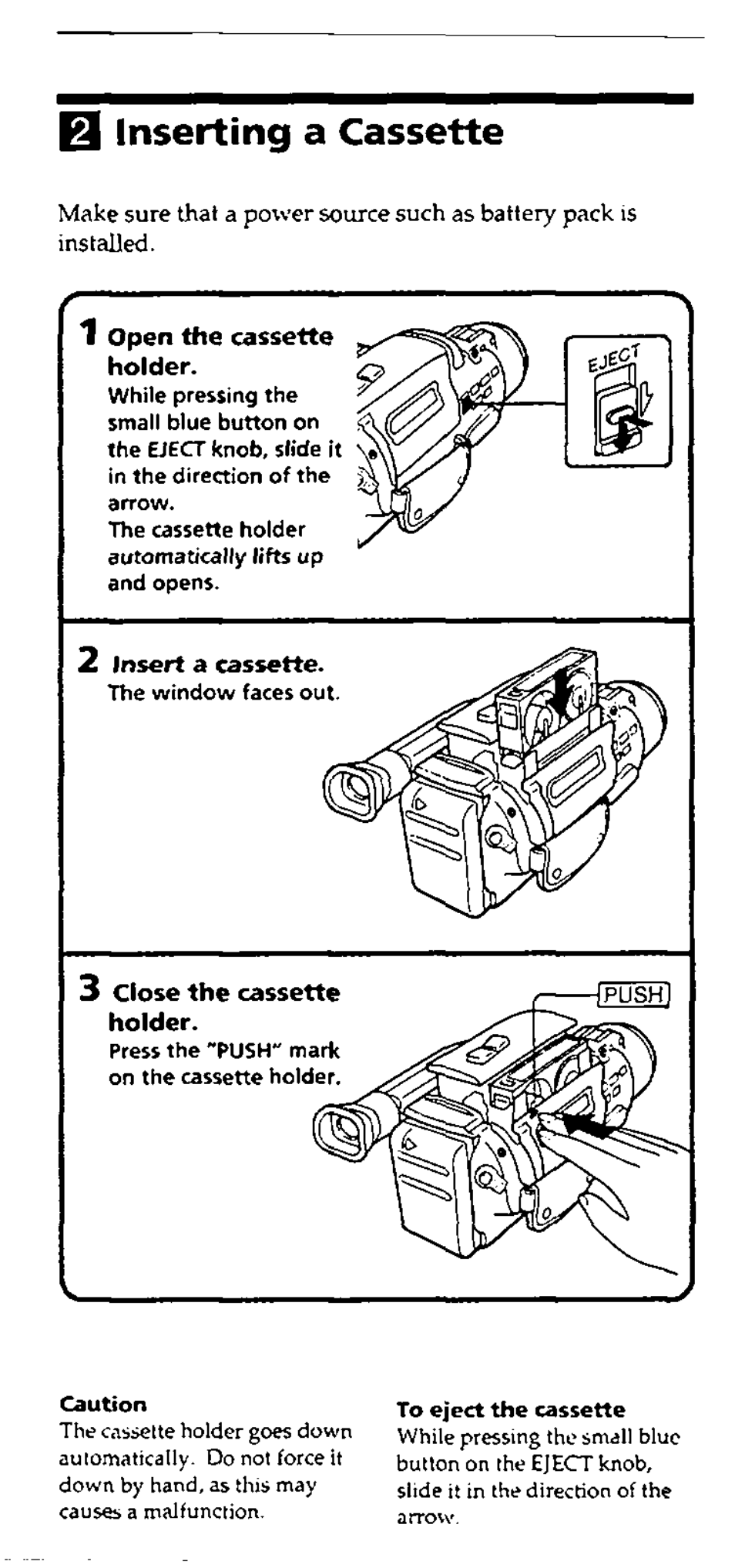 B inserting a cassette, Open the cassette holder, 2 insert a cassette | Sony CCD-FX228 User Manual | Page 10 / 44