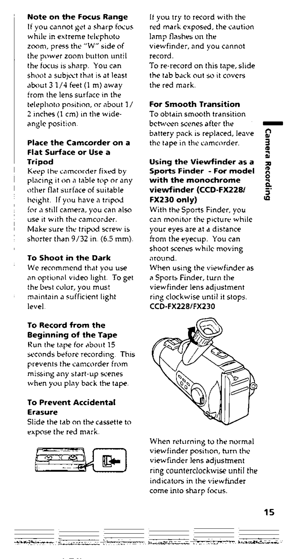 Note on the focus range, To shoot in the dark, To record from the beginning of the tape | To prevent accidental erasure, For smooth transition | Sony CCD-FX228 User Manual | Page 15 / 44