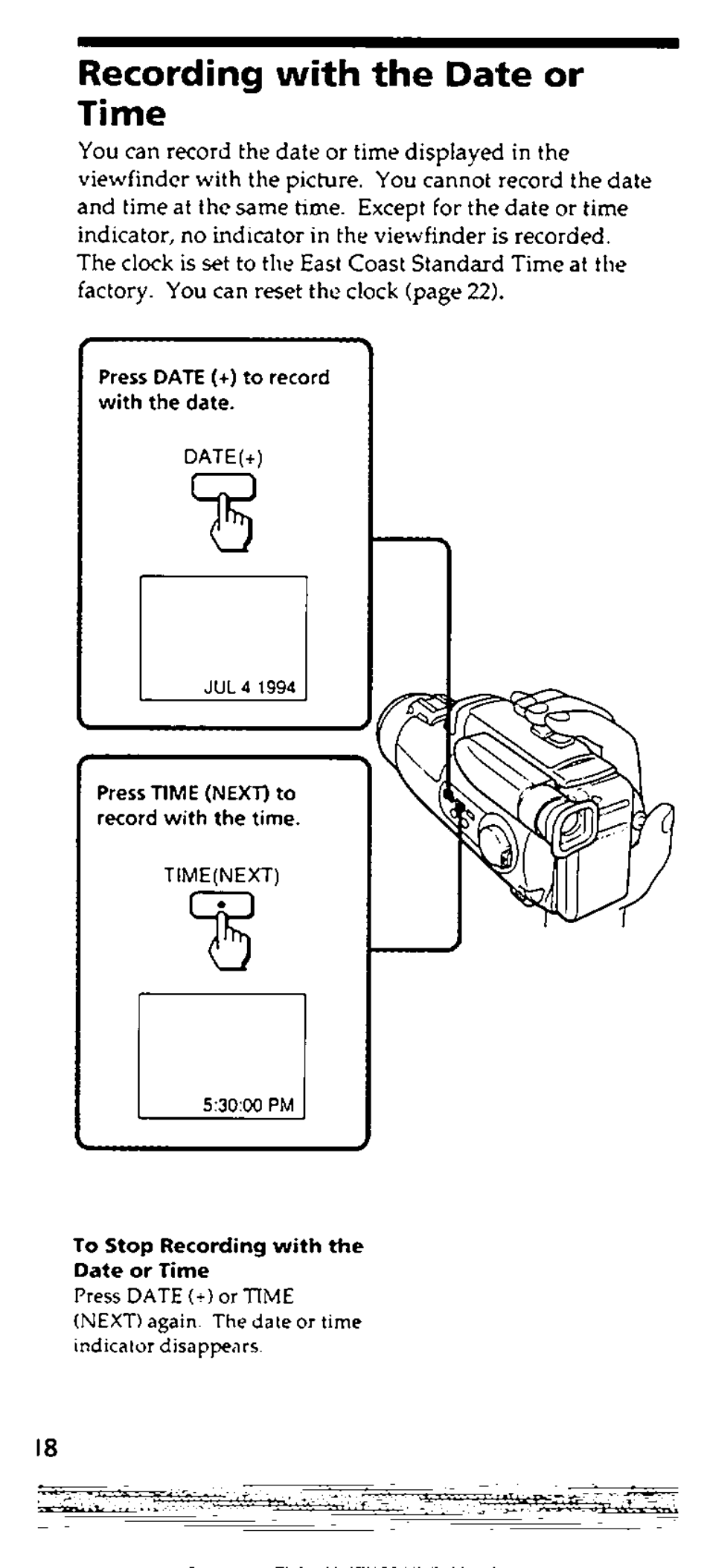 Recording with the date or time | Sony CCD-FX228 User Manual | Page 18 / 44