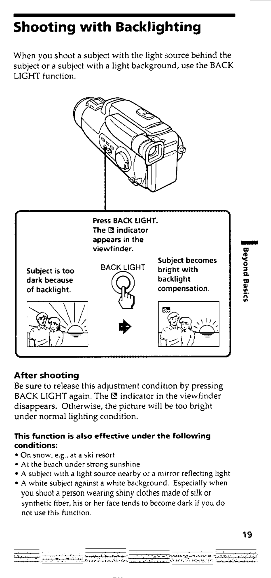 Shooting with backlighting, After shooting | Sony CCD-FX228 User Manual | Page 19 / 44