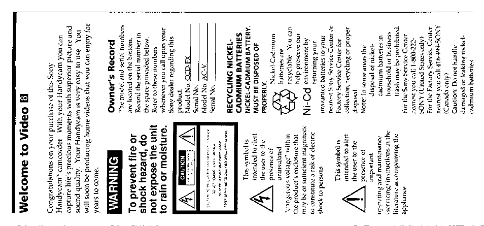 Welcome to vìdeo ш, Warning, Recycung nickel- cadmium batteries | Ni-cd | Sony CCD-FX228 User Manual | Page 2 / 44