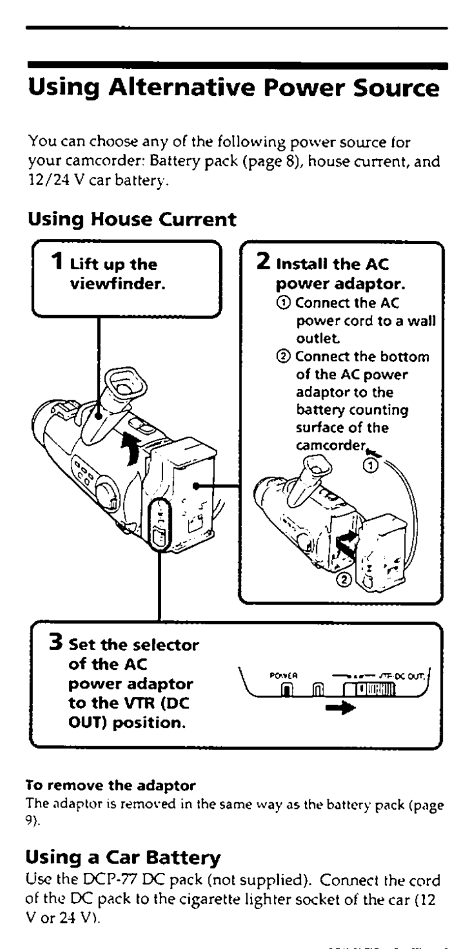 Using alternative power source, Using house current, Using a car battery | Sony CCD-FX228 User Manual | Page 20 / 44