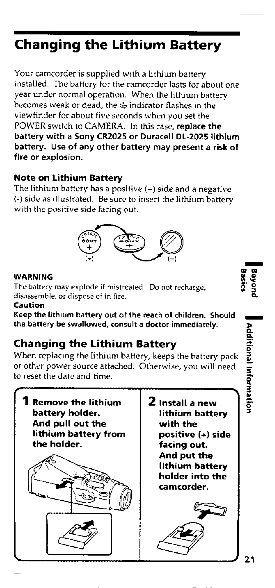 Changing the lithium battery, Note on lithium battery, Remove the lithium battery holder | Sony CCD-FX228 User Manual | Page 21 / 44