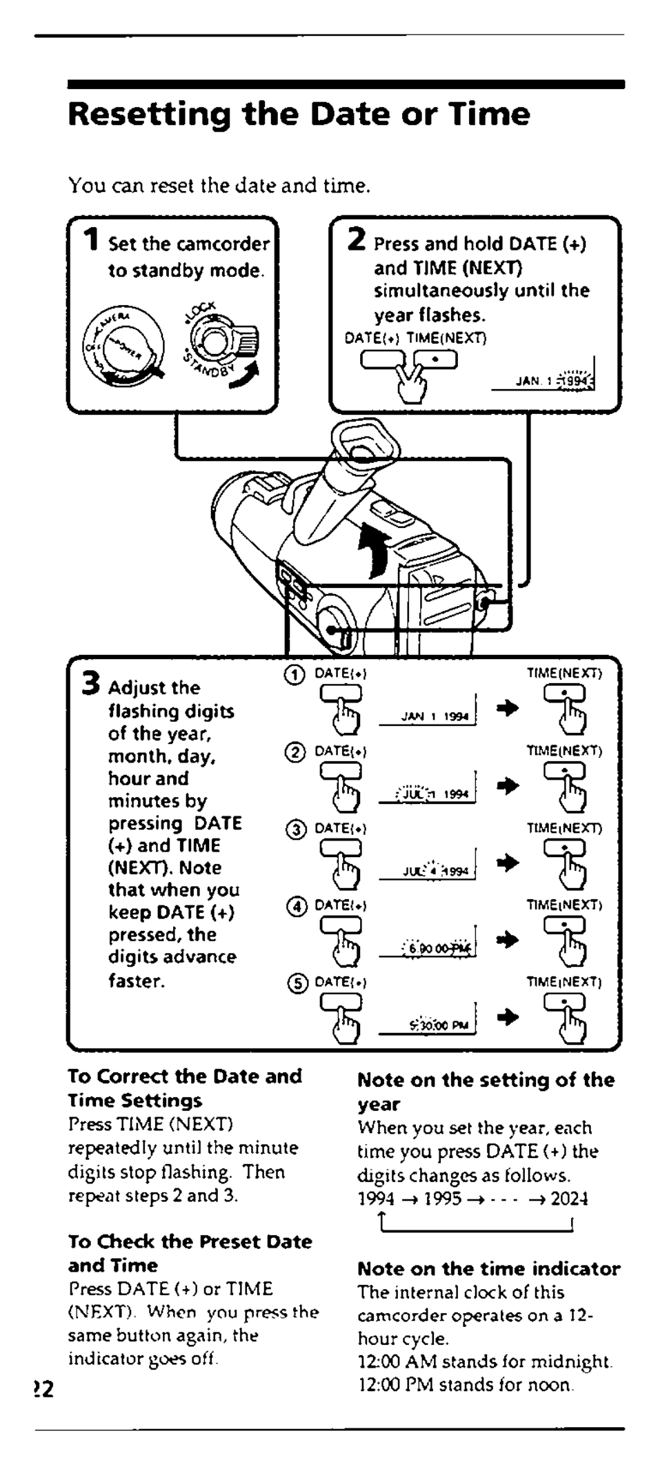 Resetting the date or time, To correct the date and time settings, To check the preset date and time | Note on the setting of the year, Note on the time indicator, You can reset the date and time. 1 | Sony CCD-FX228 User Manual | Page 22 / 44