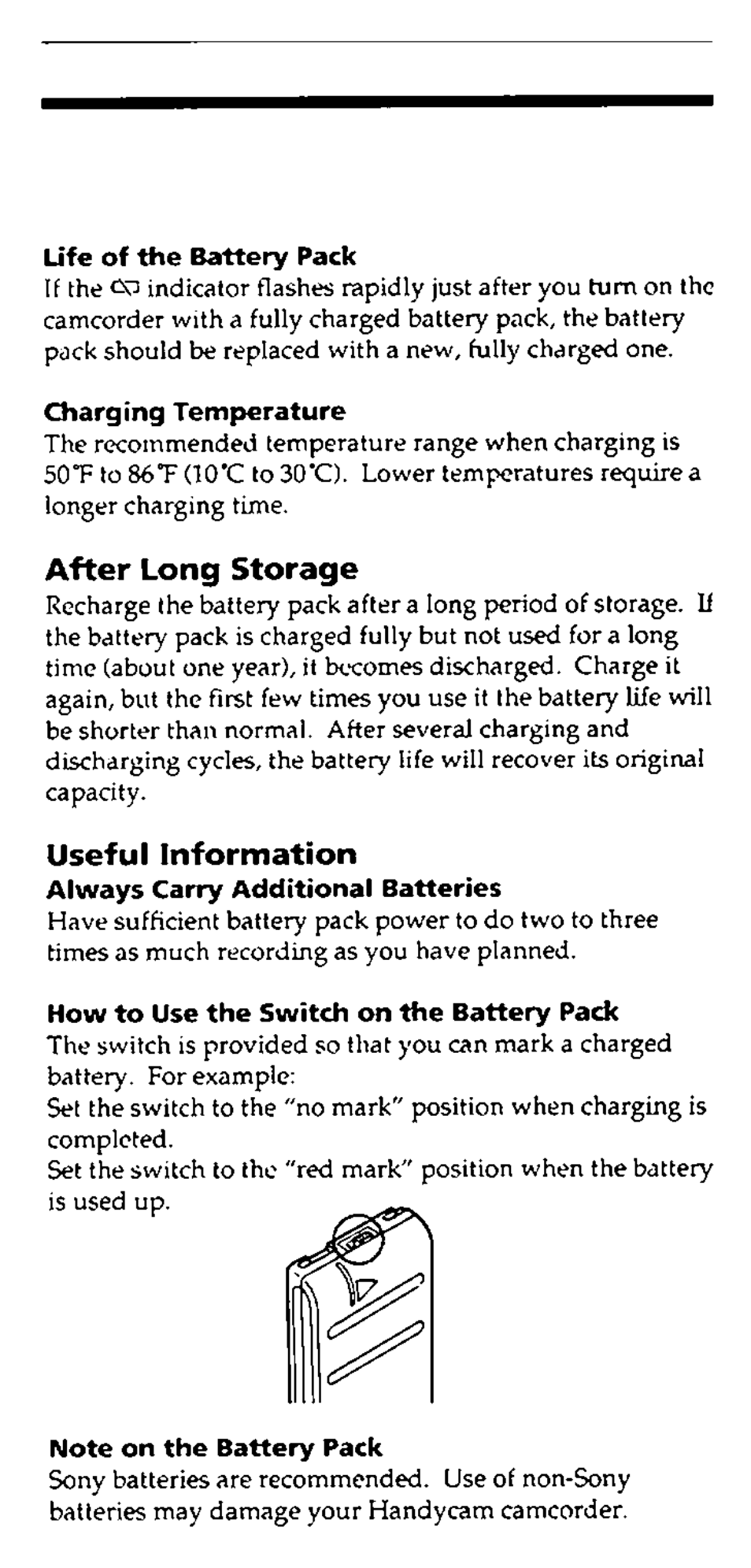 Life of the battery pack, Charging temperature, After long storage | Useful information, How to use the switch on the battery pack, Note on the battery pack | Sony CCD-FX228 User Manual | Page 24 / 44