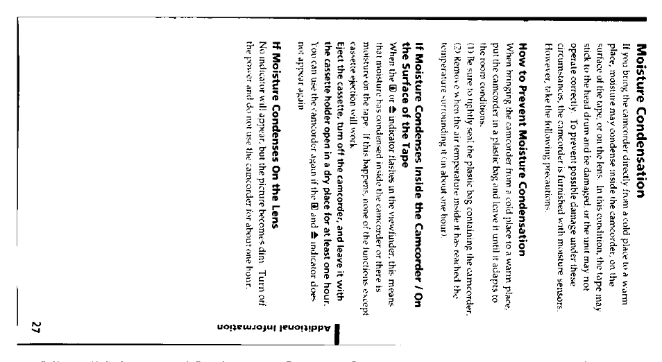 How to prevent moisture condensation, H moisture condenses on the lens, Moisture condensation | Sony CCD-FX228 User Manual | Page 27 / 44