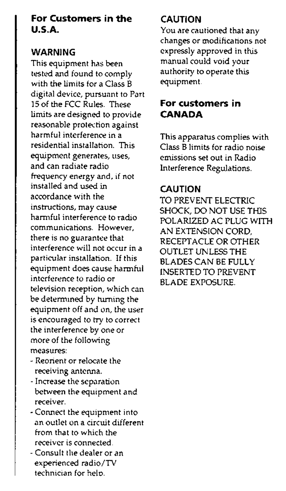 For customers in the u.s.a, Warning, Caution | For customers in canada | Sony CCD-FX228 User Manual | Page 3 / 44