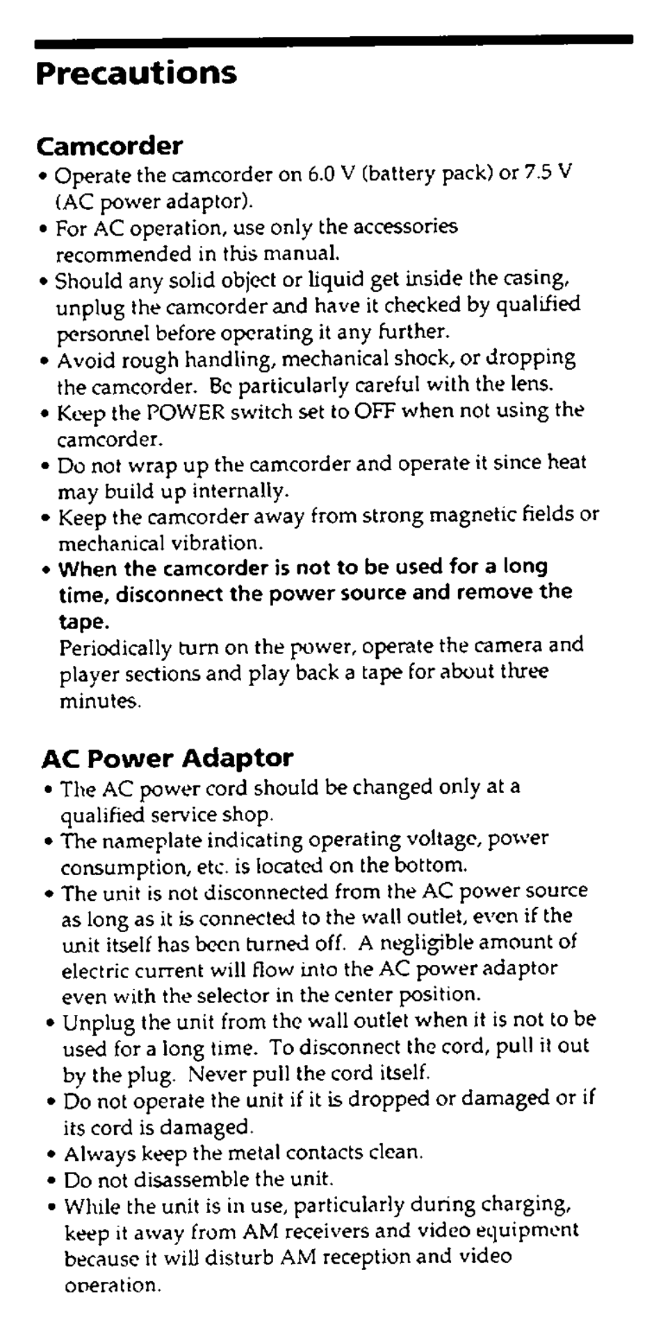 Precautions, Camcorder, Ac power adaptor | Sony CCD-FX228 User Manual | Page 30 / 44