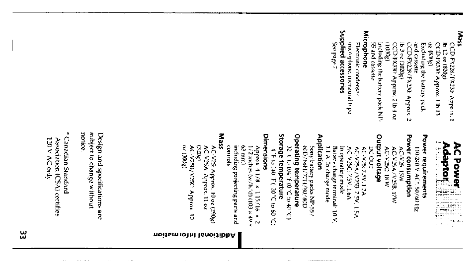 Power requirenwnts, Ac power, Aa%) | 32c^) | Sony CCD-FX228 User Manual | Page 33 / 44