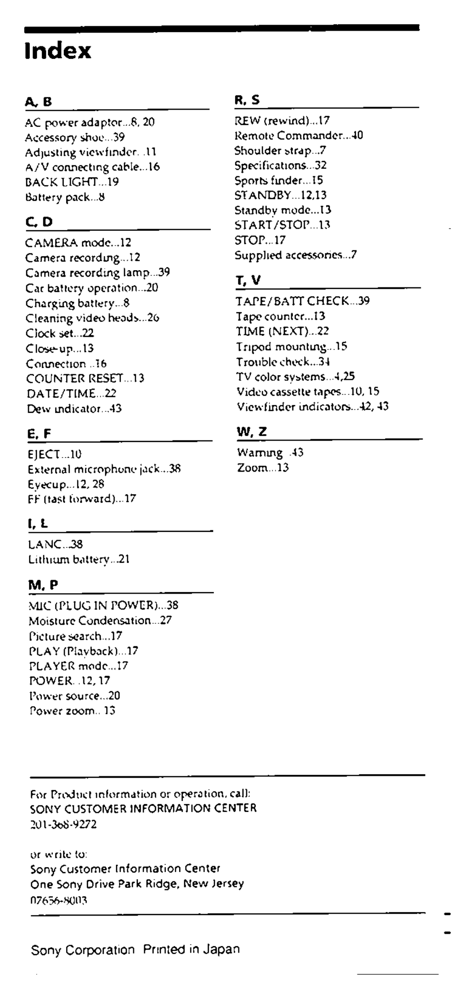 Index, Sony corporation printed in japan | Sony CCD-FX228 User Manual | Page 44 / 44