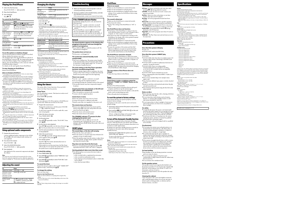 Troubleshooting, Messages, Precautions | Specifications | Sony CMT-CX4iP User Manual | Page 2 / 2