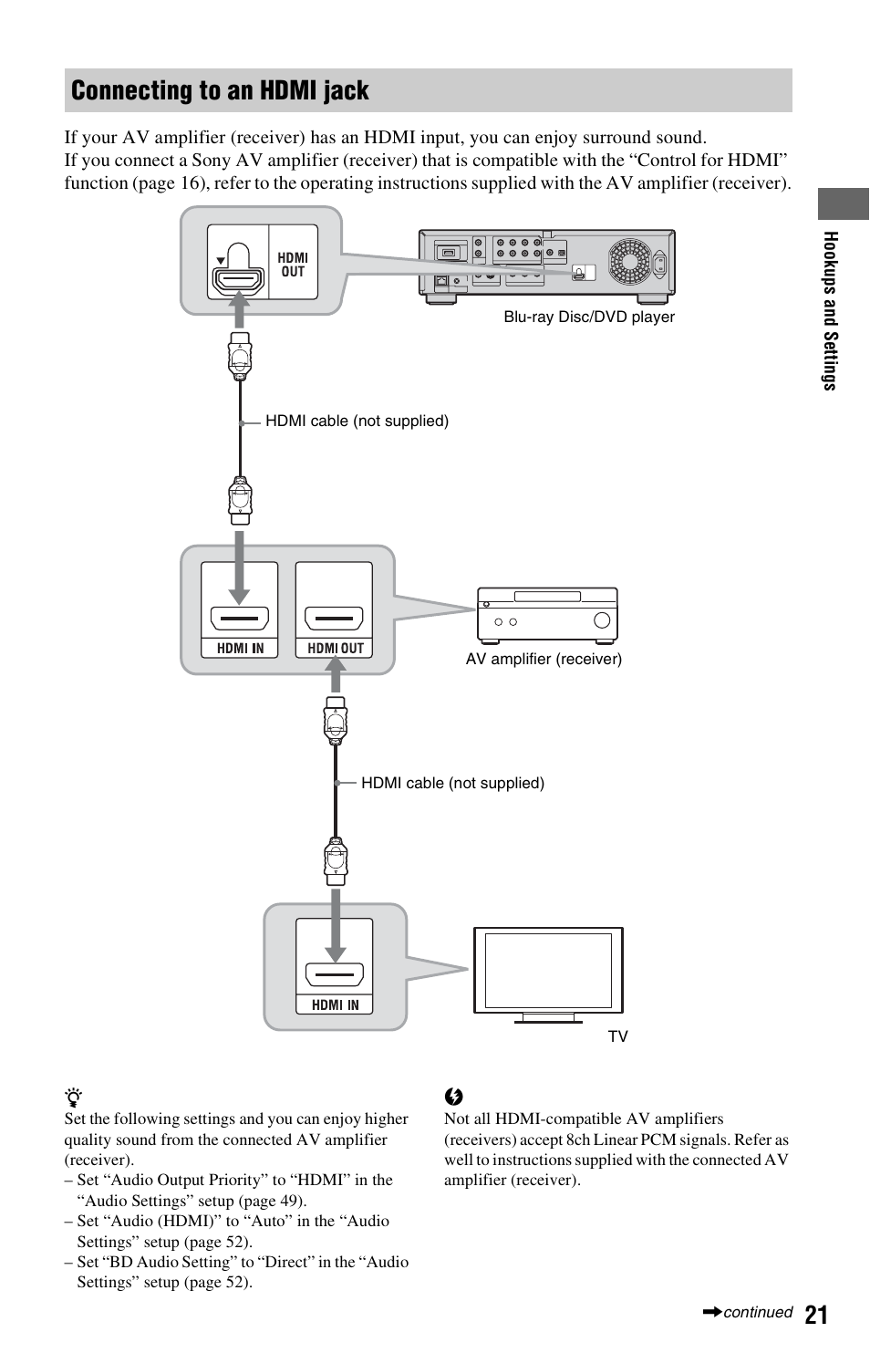 Connecting to an hdmi jack | Sony BDP-S5000ES User Manual | Page 21 / 87