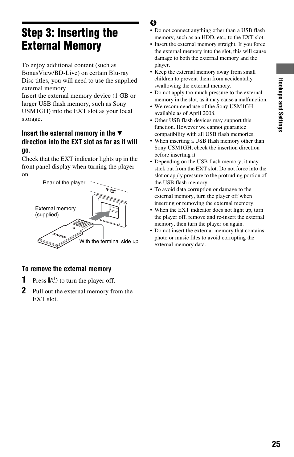 Step 3: inserting the external memory | Sony BDP-S5000ES User Manual | Page 25 / 87