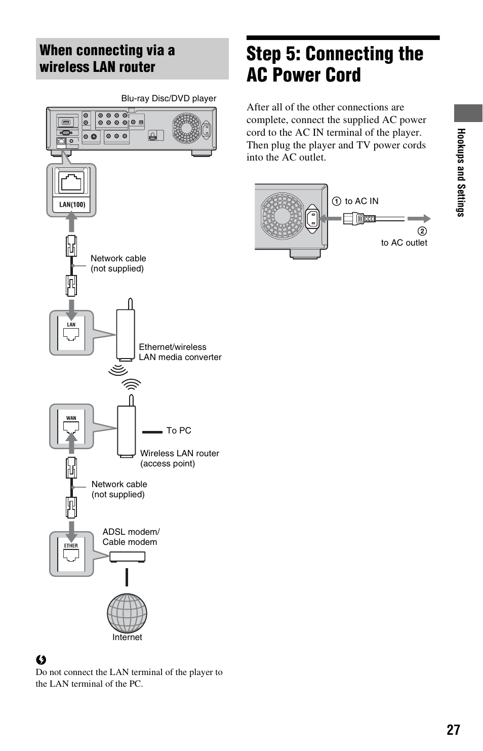 When connecting via a wireless lan router, Step 5: connecting the ac power cord | Sony BDP-S5000ES User Manual | Page 27 / 87