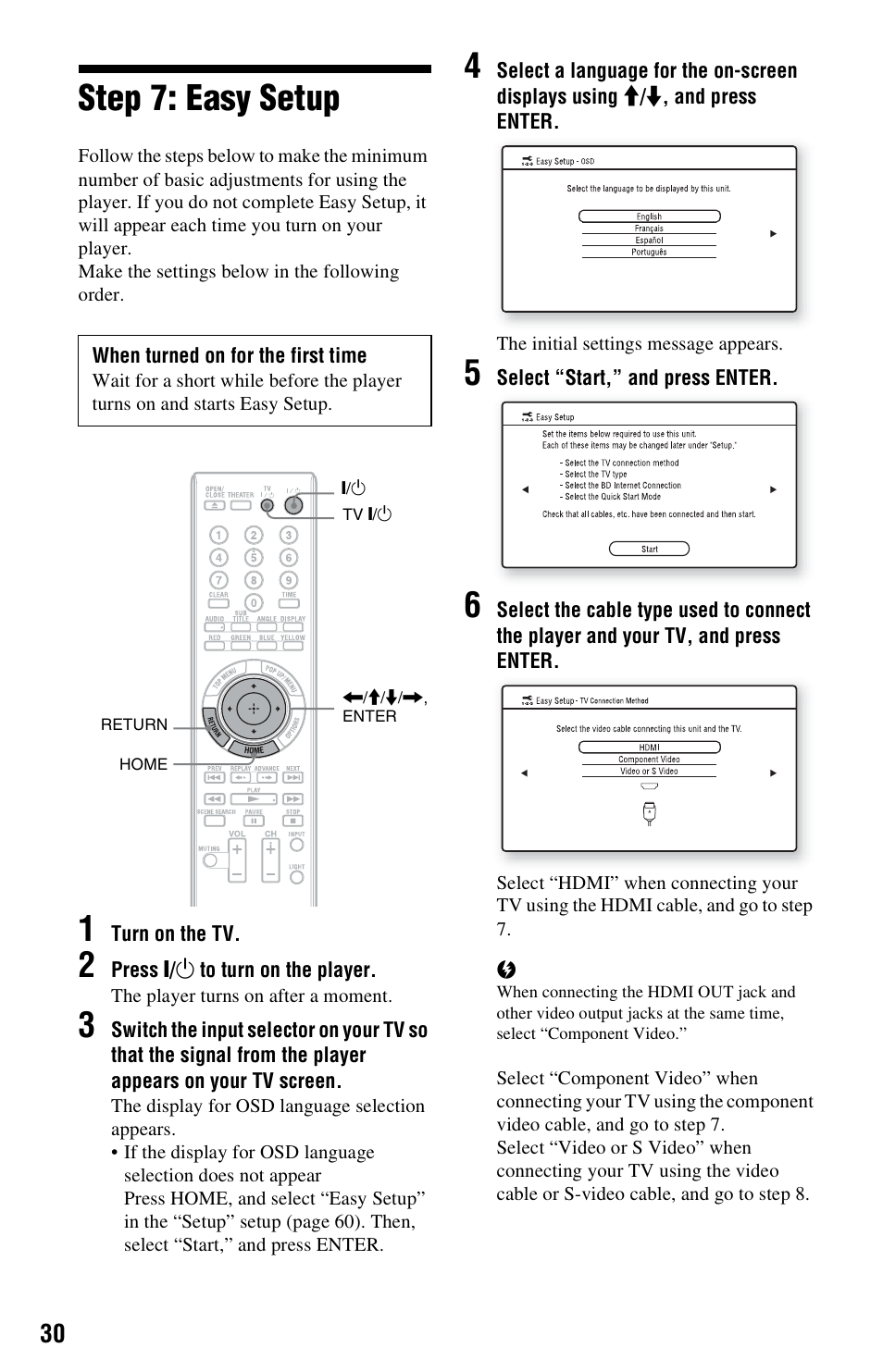 Step 7: easy setup | Sony BDP-S5000ES User Manual | Page 30 / 87