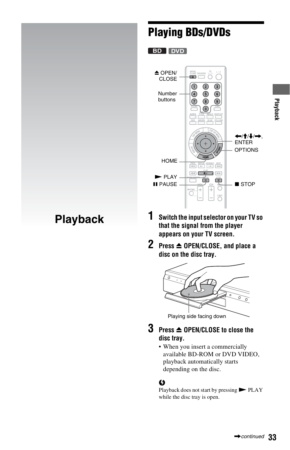 Playback, Playing bds/dvds, Playback playing bds/dvds 1 | Sony BDP-S5000ES User Manual | Page 33 / 87