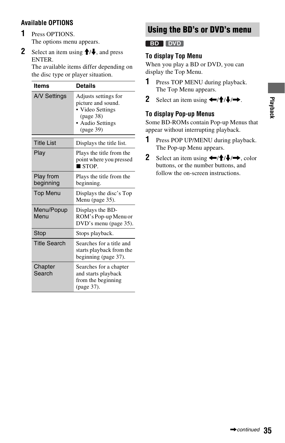 Using the bd’s or dvd’s menu | Sony BDP-S5000ES User Manual | Page 35 / 87